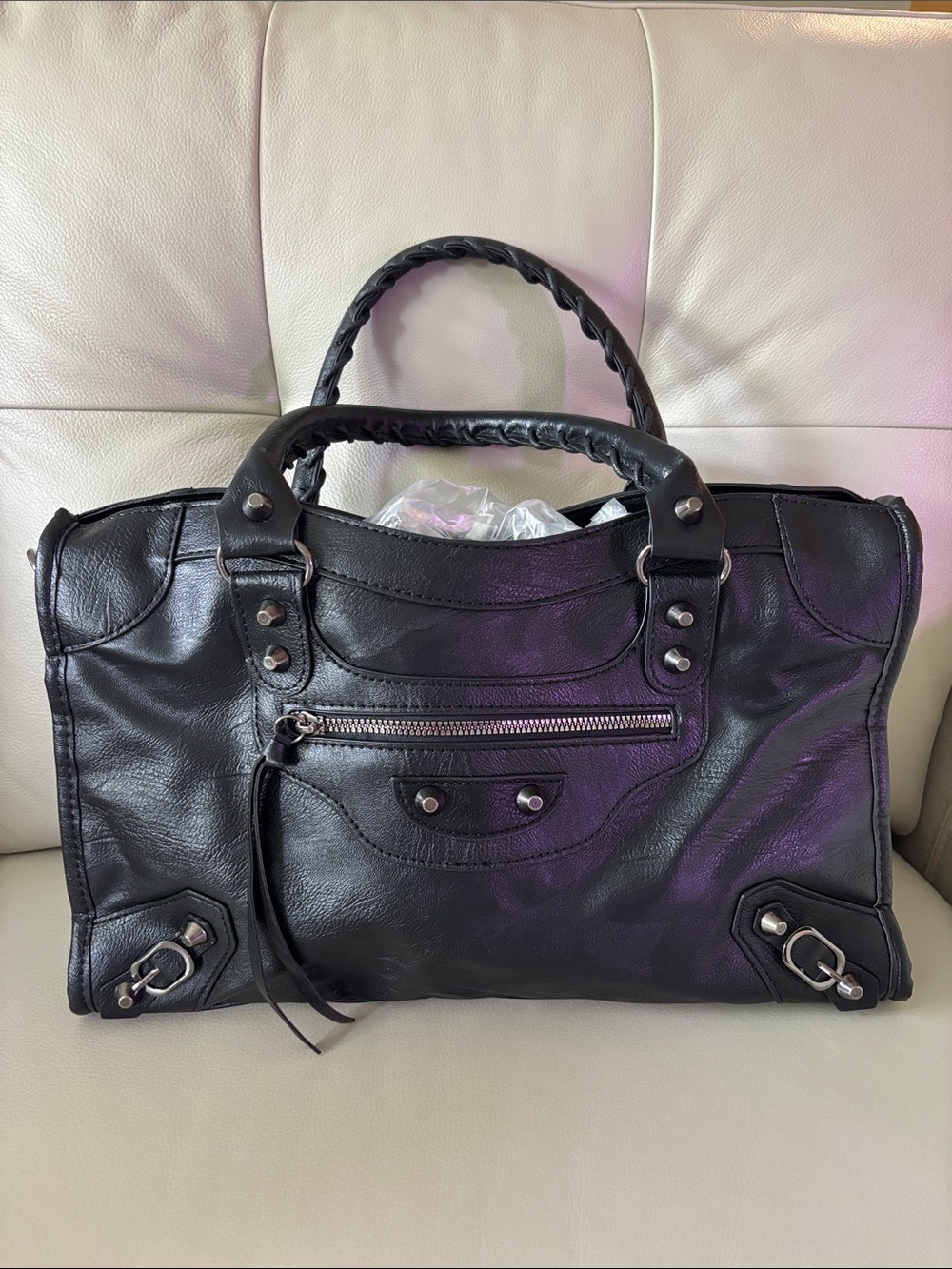 Black Leather Top-Handle Satchel Bag